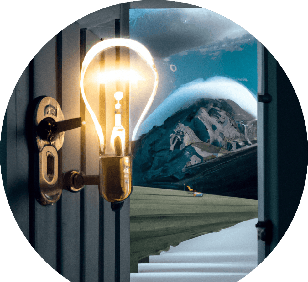 DALL·E 2023-02-17 18.06.47 - We see a man from behind, with a lightbulb close to his head, he is openning a door with a key, and through the slight opening of the door we can have.png